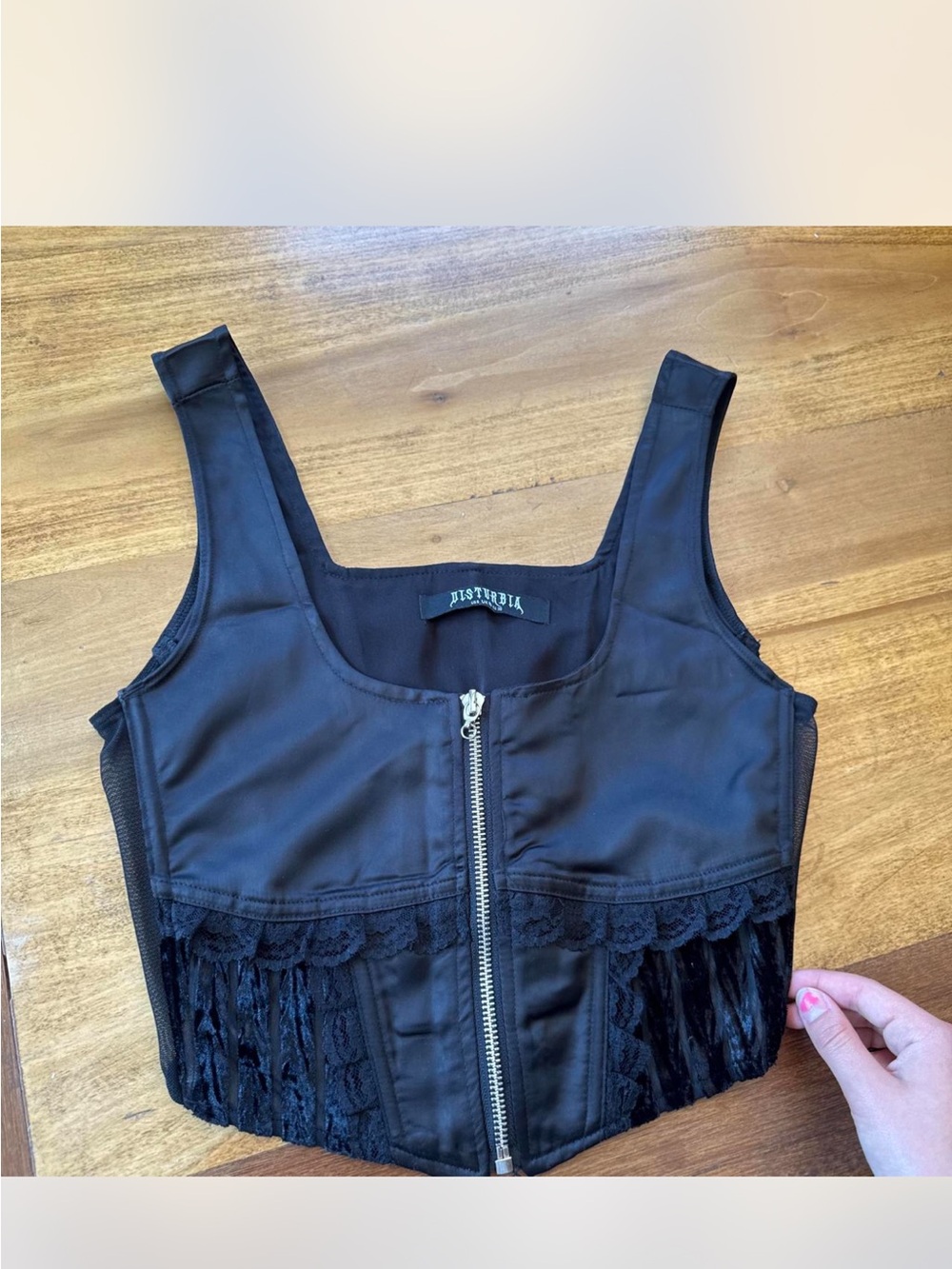 Disturbia Black Lace-Trim Zip Crop Corset - Picture 1 of 3